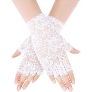 Women's White Floral Short Lace Gloves Sunblock Fingerless Bridal Opera Party